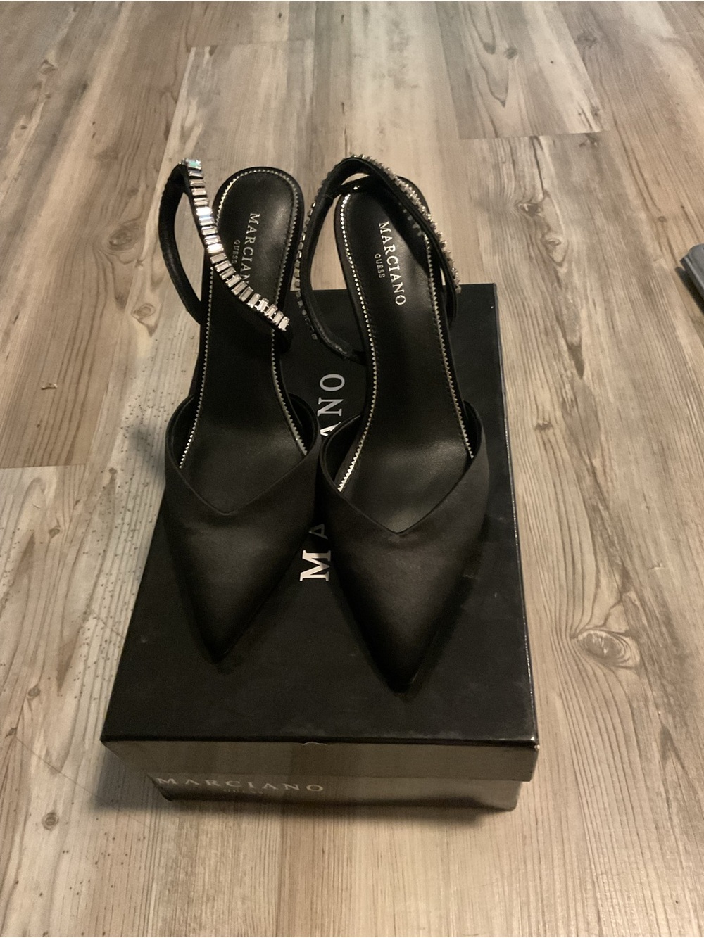 Marciano Black Satin Pointed Slingback Heels with Crystal Strap Accent